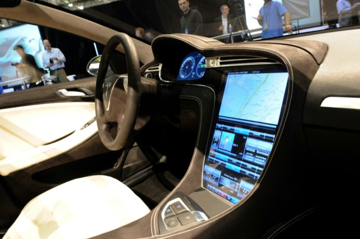 The touchscreen control panel of the Tesla Model S electric sedan is seen at the car's unveiling in Hawthorne, California in March 2009