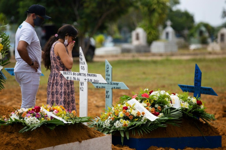 Relatives attend the funeral of a victim of Covid-19 in Brazil, one of the world's worst-hit countries