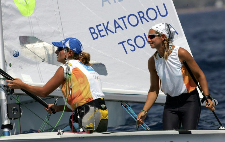 Sofia Bekatorou (right) and crew member Tsoulfa Aimilia compete at the 2004 Athens Olympics