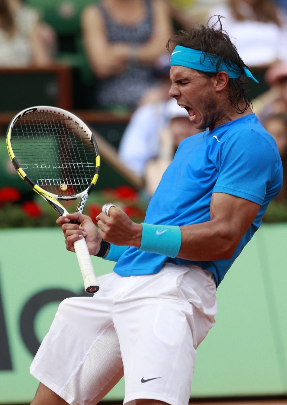 Nadal of Spain reacts during his mens final against Federer of Switzerland 