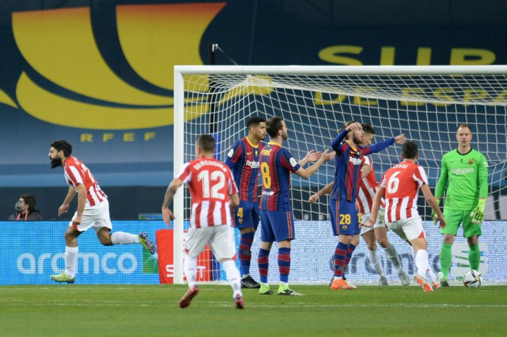 Athletic Bilbao's Asier Villalibre (L) celebrates his goal during the Spanish Super Cup final