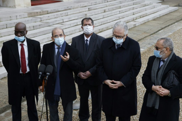 Mohammed Moussaoui, president of the French Council of the Muslim Faith (second from left), with other Muslim leaders at the Elysee Palace in Paris on Monday.