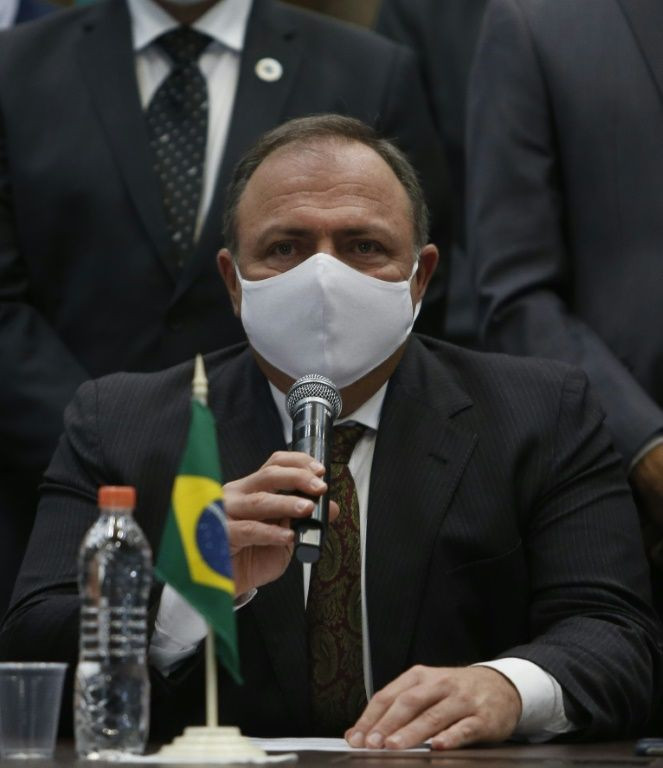 Brazilian Health Minister Eduardo Pazuello, speaking to reporters on January 18, 2021 in Sao Paulo, announces plans to immediately begin distributing coronavirus vaccine doses across the country
