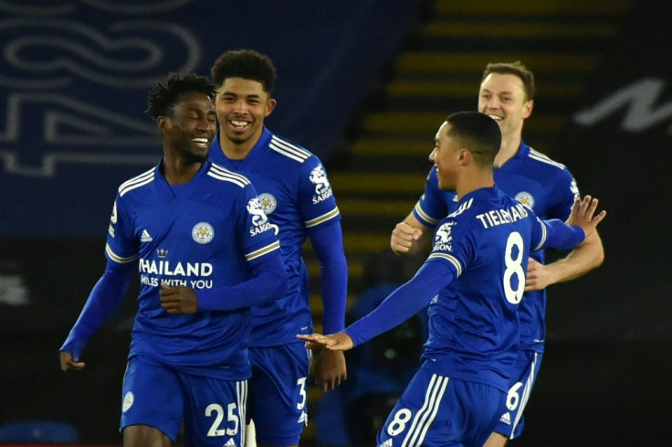 Cunning Foxes: Wilfried Ndidi (left) scored the opening goal as Leicester moved top of the Premier League