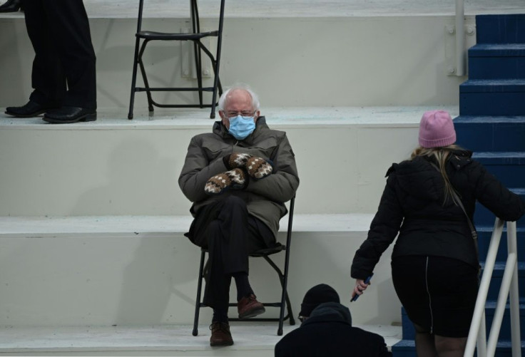 Former presidential candidate Senator Bernie Sanders (D-Vermont) sits in the bleachers at the Capitol before Joe Biden is sworn in as the 46th US President on January 20, 2021