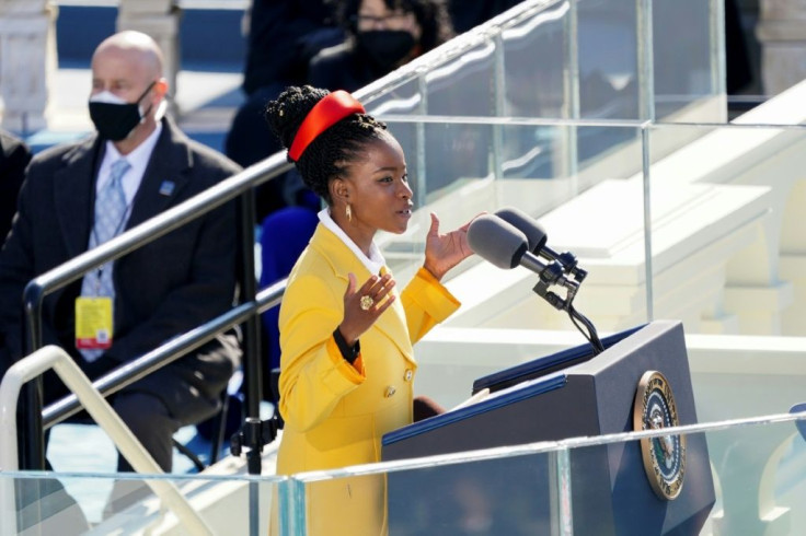 US poet Amanda Gorman reads a poem during the 59th Presidential Inauguration at the US Capitol in Washington DC on January 20, 2021