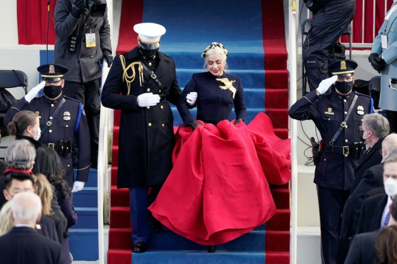Lady Gaga makes an entrance as she arrives to sing the national anthem