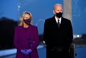 Joe Biden and wife Jill Biden attend a Covid-19 Memorial at the Lincoln Memorial in Washington on January 19