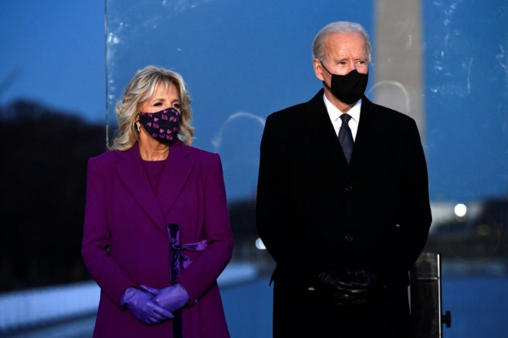 Joe Biden and wife Jill Biden attend a Covid-19 Memorial at the Lincoln Memorial in Washington on January 19