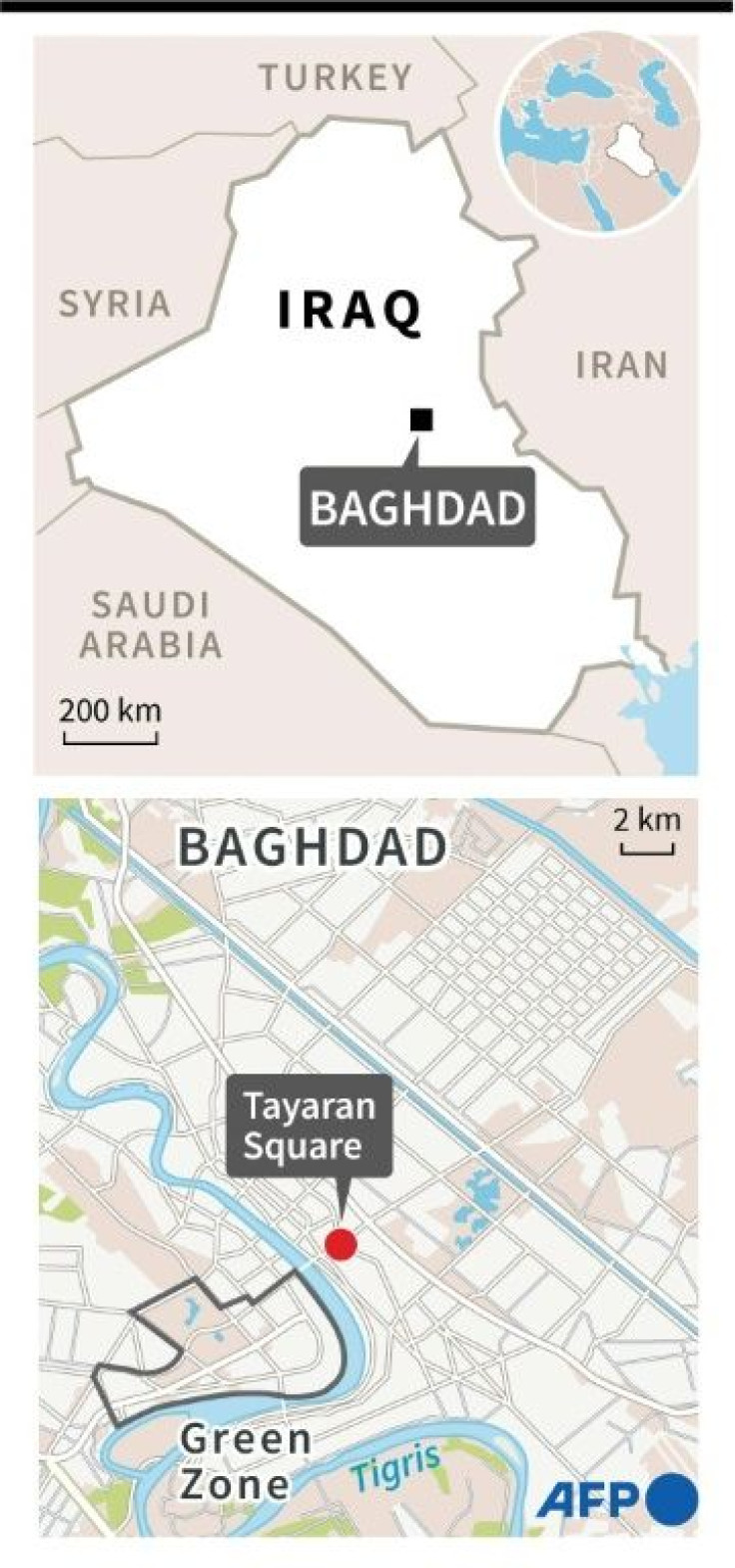 Maps of Iraq and Baghdad locating a Thursday's double suicide attack