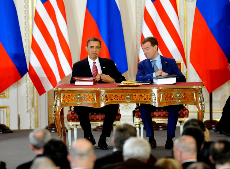 The then presidents of the United States and Russia, Barack Obama and Dmitry Medvedev, meet in Prague in 2010 to sign the New START nuclear treaty