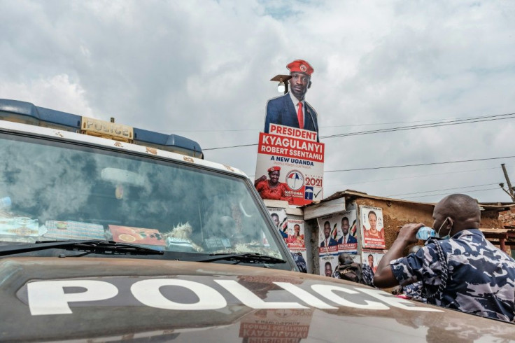 A police patrol car stationed outside the headquarters of Uganda's main oppposition party, the National Unity Platform