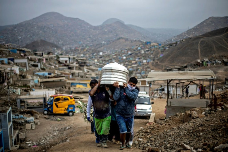 In this file photo taken on May 30, 2020, relatives carry the coffin of a suspected COVID-19 victim at the Nueva Esperanza cemetery, one of the largest in Latin America, on the outskirts of Lima, Peru