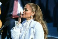 Jennifer Lopez blows a kiss during her performace of "This Land is Our Land" at President Joe Biden's inauguration