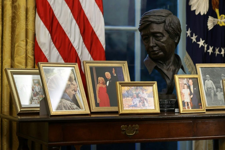 A bust of Cesar Chavez, founder of the National Farm Workers Association, is part of US President Joe Biden's Oval Office decorations at the White House in Washington