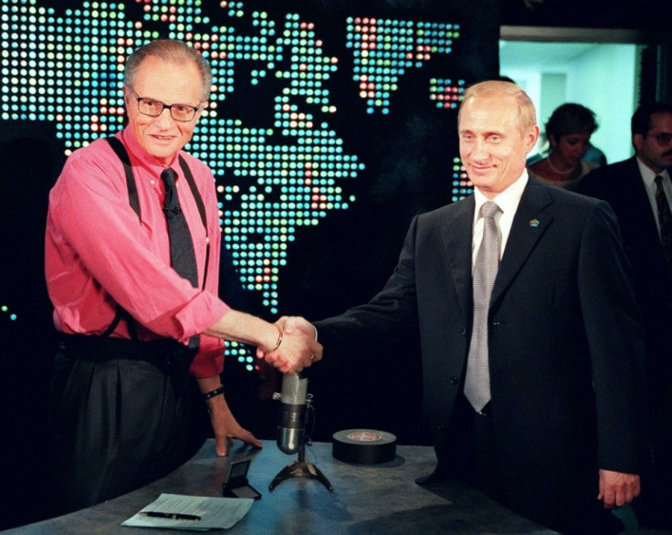 King's long list of interviewees ranged from every US president since 1974 to celebrities and world leaders such as Vladimir Putin, pictured (right) with the journalist in September 2000