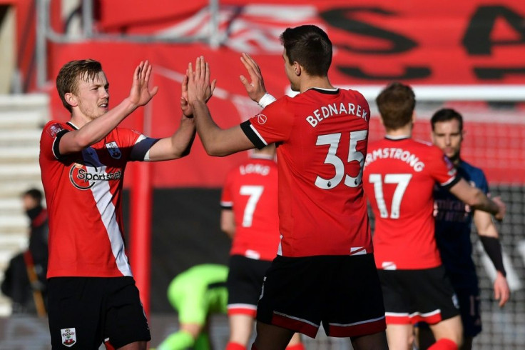 Southampton players celebrate their FA Cup fourth-round win against Arsenal