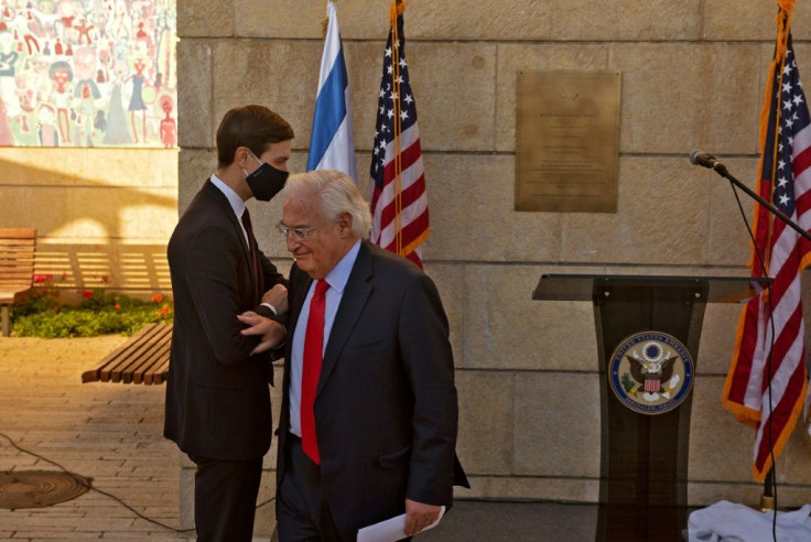 Then president Donald Trump's son-in-law and adviser Jared Kushner and his ambassador to Israel, David Friedman, dedicate a plaque in December 2020 at the embassy that Trump moved to Jerusalem