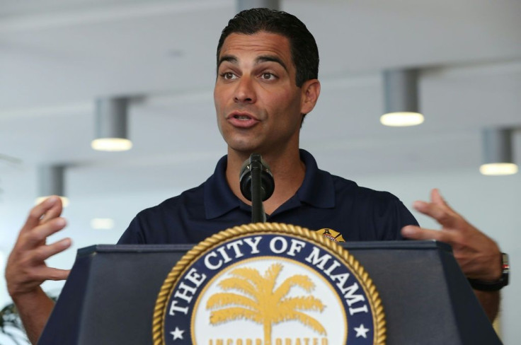 Miami Mayor Francis Suarez, seen speaking to reporters on May 29, 2019, is pushing hard to make his Florida city a major technological hub
