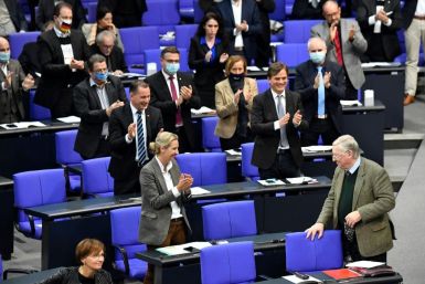 Alexander Gauland of the Alternative for Germany far-right party is applauded by his faction after speaking during a session at the lower house of parliament in November last year.