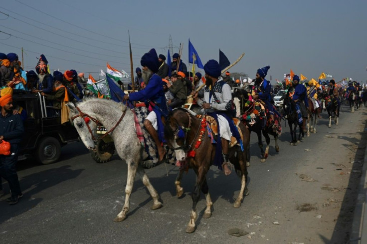 Nihangs, mounted Sikh warriors, also rallied in support of the farmers