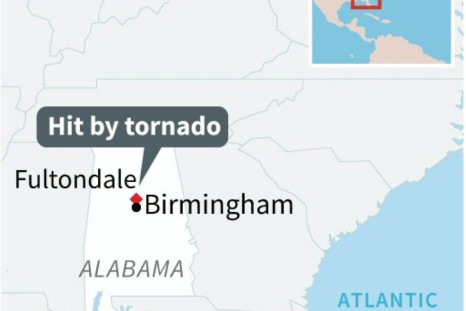 Map of US locating town of Fultondale in the state of Alabama where a tornado struck late Monday night.