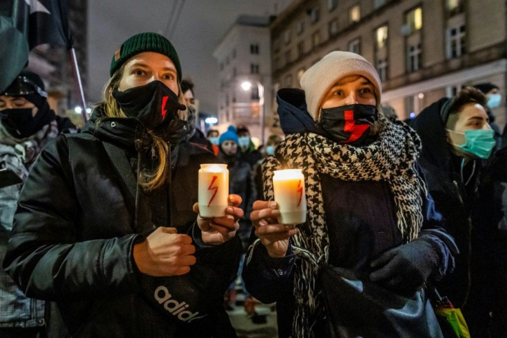Demonstrators take part in a pro-choice protest in the center of Warsaw, on November 28, 2020, as part of a nationwide wave of protests since October 22, 2020 against Poland's near-total ban on abortion