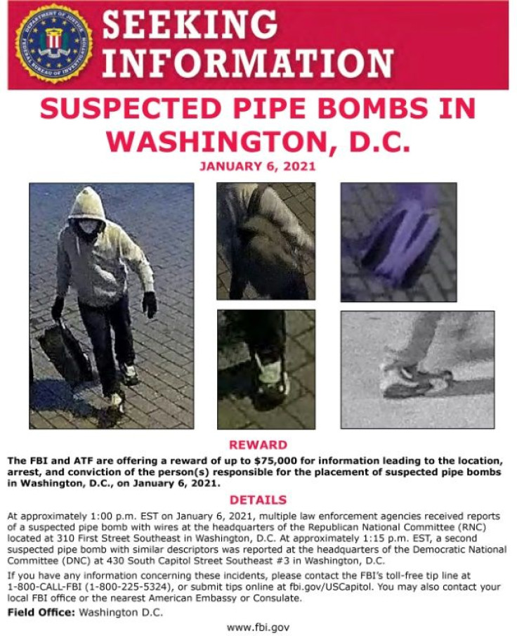 An FBI poster advertises a $75,000 reward for the capture of a person or persons who planted pipe bombs near the US Capitol on January 6