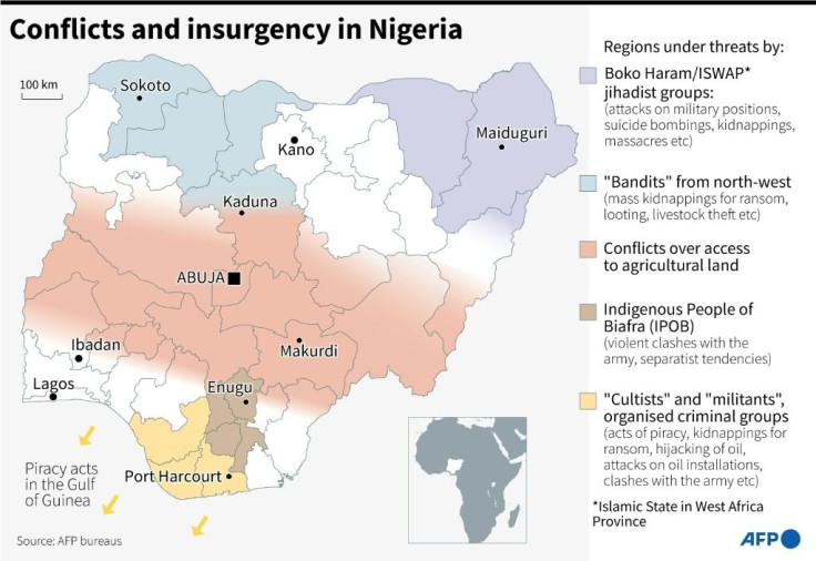Map of regions in Nigeria facing threats from different conflicts, insurgency or criminal groups