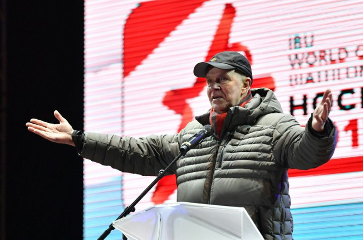 Former president of IBU Anders Besseberg addresses the opening ceremony of the 2017 Biathlon World Championships in Hochfilzen, Austria