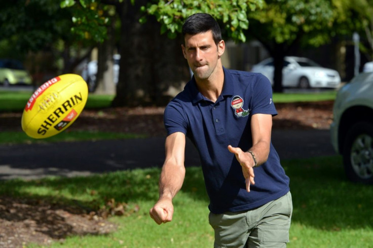 Men's tennis world number one Novak Djokovic played with an Australian Rules football after his two-week quarantine in Adelaide
