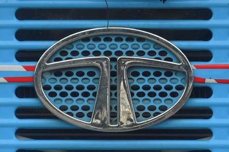 The Tata Motors logo is seen on the engine grille of a truck in Mumbai