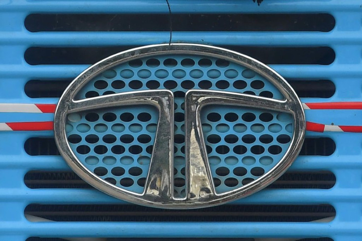 The Tata Motors logo is seen on the engine grille of a truck in Mumbai
