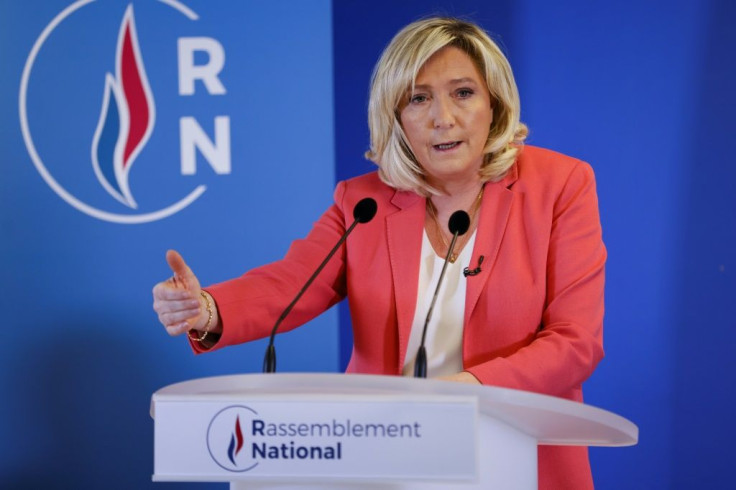 Marine Le Pen, head of far-right party Rassemblement National (RN) addresses a press conference on Friday.