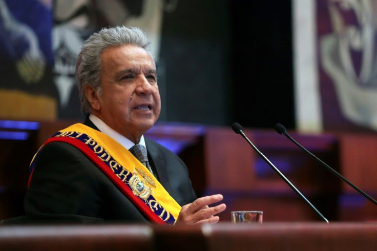 This handout picture released by Ecuador's presidential press office shows President Lenin Moreno speaking  at the Legislative Palace in Quito on May 24, 2020