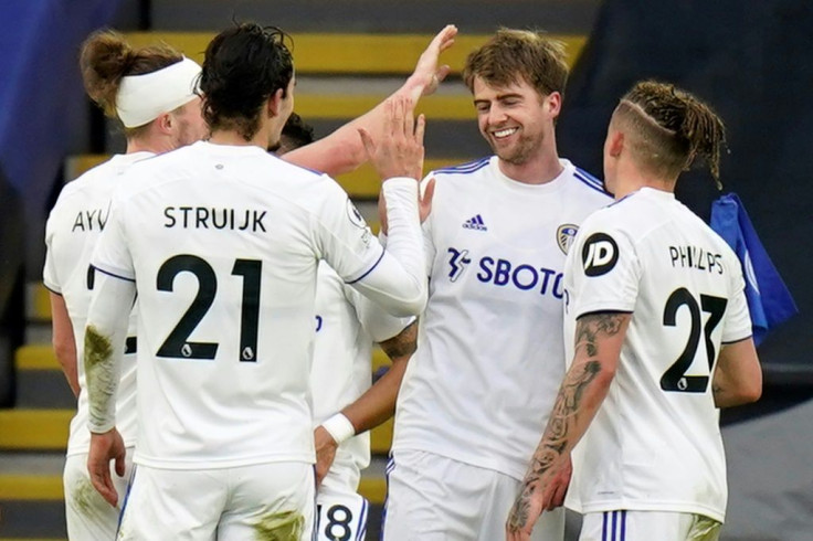 Leeds forward Patrick Bamford (second right) celebrates after scoring against Leicester