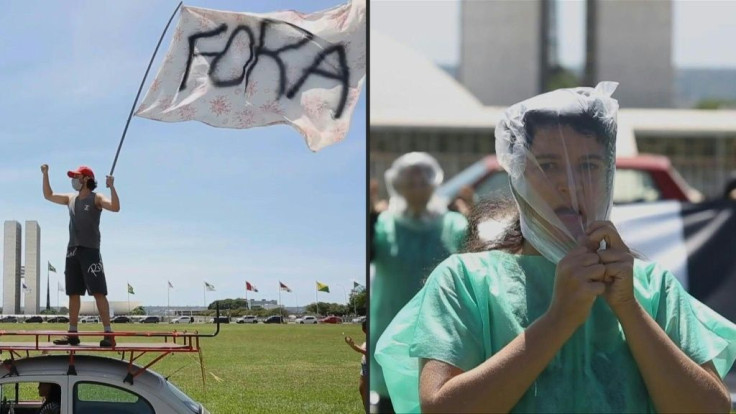 Demonstrators in Brasilia on January 31, 2021 demanded President Jair Bolsonaro's ouster over his handling of the coronavirus pandemic; some donned plastic bags to represent hospital patients who died when oxygen supplies ran out