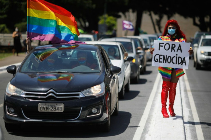 Demonstrators take part in protests on January 31, 2021 in Brasilia, demanding President Jair Bolsonaro's ouster over his management of the Covid-19 pandemic
