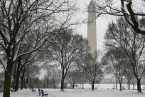 The Washington Monument is seen from the snow-covered National Mall in Washington, DC on January 31, 2021 as the capital region is under a winter storm warning for an expected five or more inches (12.7 centimeters) of snow