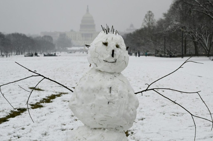 A snowman is seen on the National Mall in Washington, DC not far from the US Capitol on January 31, 2021