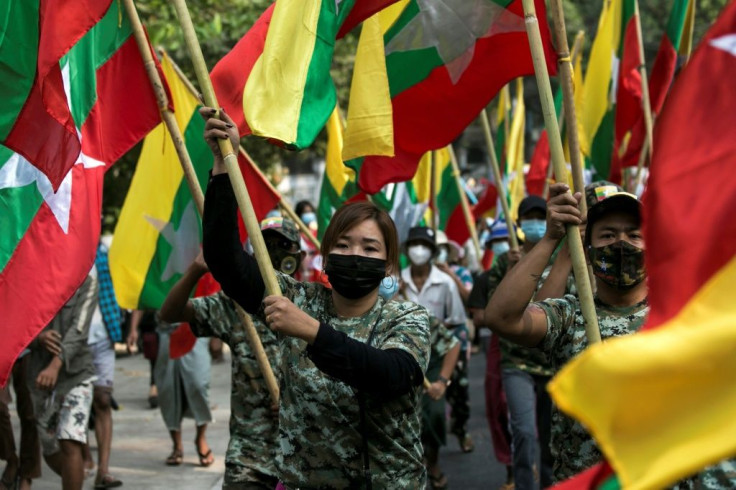 Supporters of the military protest in Yangon on January 30 demanding an investigation into what they say was voter fraud in last year's elections