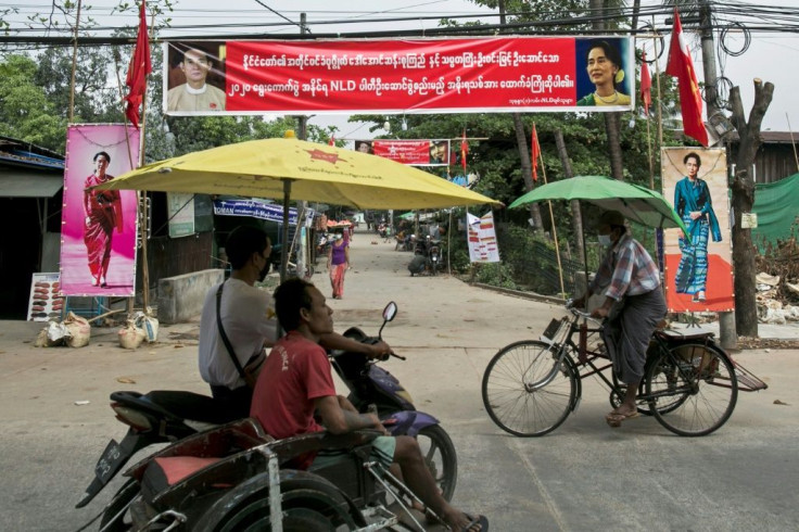 Banners in Yangon celebrate the victory of  Aung San Suu Kyi's ruling National League of Democracy in Myanmar's November 2020 elections