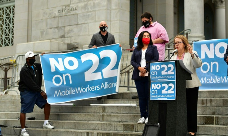 California State Senator Maria Elena Durazo speaks on the steps of City Hall in Los Angeles on October 22, 2020 where elected leaders hold a conference urging voters to reject Proposition 22