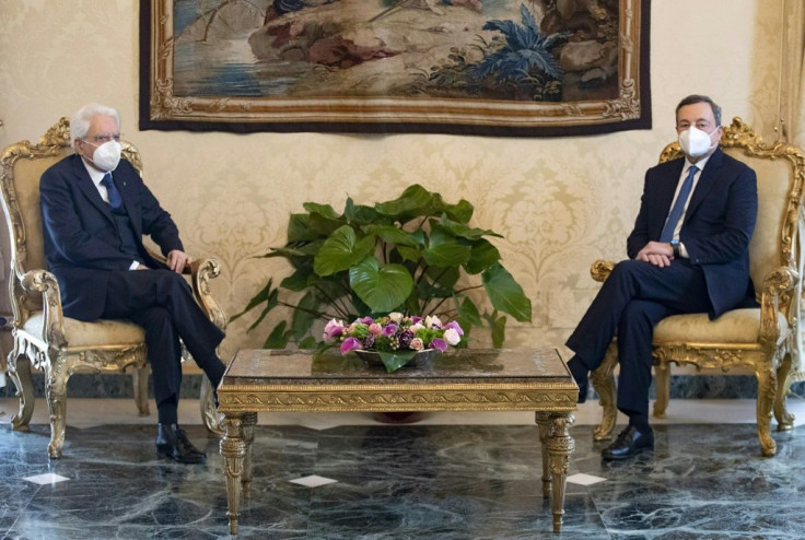 Draghi, right, meeting with President Sergio Mattarella, who gave him a mandate to open talks on a national unity government