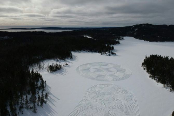 Geometric formations in snow created by Kim Asmussen near Rongie Lake in Schreiber, Ontario, Canada