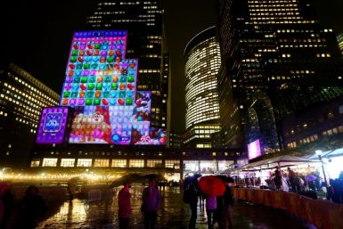 Candy Crush projected onto a New York building in 2018. Activision shares were up more than 8 percent in after-market trades