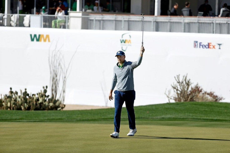 American Jordan Spieth reacts to a birdie on the 16th hole in the third round of the US PGA Tour Phoenix Open