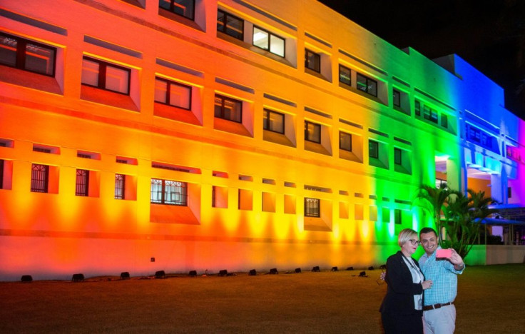 The US embassy in Costa Rica is lit up in the colors of the rainbow flag during Pride month in June 2016 when President Joe Biden was vice president