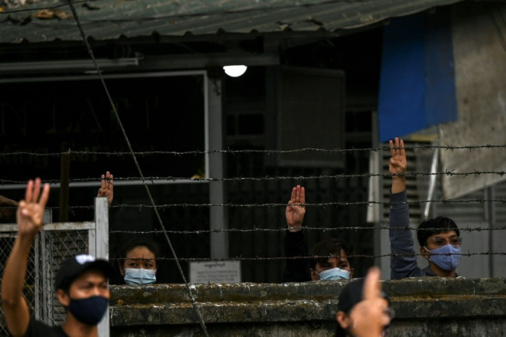 Many protesters in Myanmar have flashed the three-finger salute inspired by the 'Hunger Games' movies and used by Thai pro-democracy protesters last year