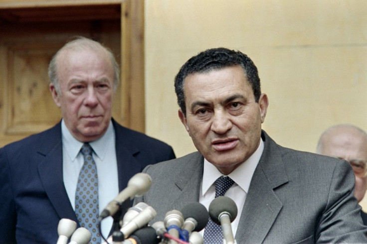Egypt's then president Hosni Mubarak speaks after meeting US Secretary of State George Shultz in Cairo in April 1988